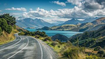 Scenic road winding through green hills and a turquoise lake photo