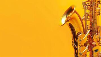 A close-up of a gleaming saxophones bell against a bright yellow backdrop photo