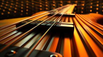 Bass guitar strings and fretboard up close photo