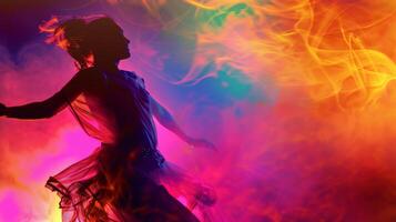 A womans silhouette dances amidst vibrant, swirling colors photo