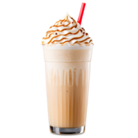A tall glass of a creamy, frothy drink with a red straw in it. The drink is topped with whipped cream and caramel sauce. png