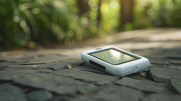 A white GPS device rests on a stone pathway in a lush forest photo