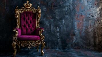 Golden throne with velvet cushion, against dark backdrop photo