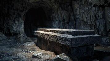 A stone offering sits inside a dark cave photo