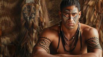A young Polynesian man with a tattooed arm, wearing feathers and beads photo