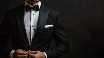 A man in a black tuxedo adjusts his jacket, a confident expression on his face photo