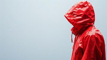 A person stands alone in the rain, wearing a bright red raincoat photo