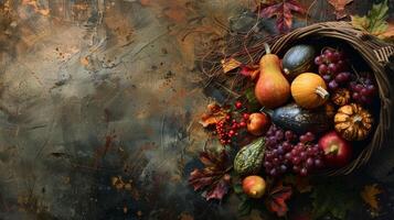 A rustic basket overflowing with pumpkins, grapes, and pears photo