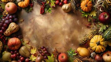 Fall harvest bounty arranged around a textured brown background photo