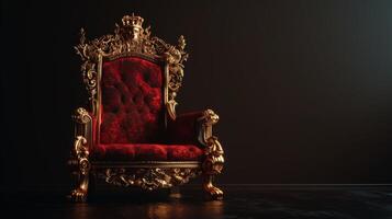 An ornate, gold throne with red velvet upholstery stands against a dark background photo