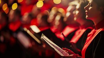 A choir sings under warm stage lights, focused on the music photo