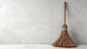 A broom rests against a white wall photo