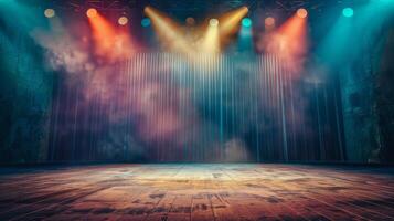 Empty stage with spotlights and fog photo