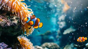 A clownfish swims near an anemone in a vibrant coral reef photo