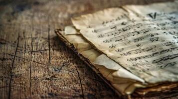 An aged music book lies open on a worn wooden surface photo