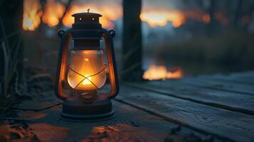 A lone lantern casts a warm glow on a wooden deck at dusk photo