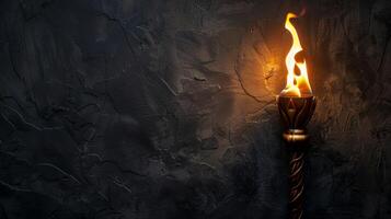 A torch burns brightly against a dark, textured wall photo