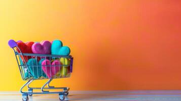 Mini cart full of colorful hearts on orange photo