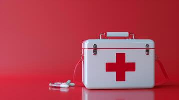 A white first aid kit with a red cross sits on a red surface photo