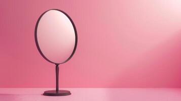 A freestanding mirror stands on a pink backdrop photo