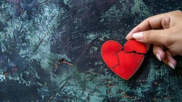 A hand holds a broken red heart on a textured surface photo