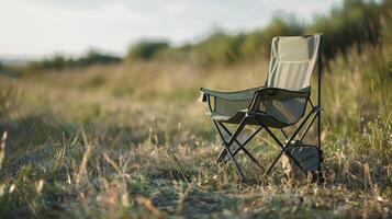 A folding chair sits alone in a field of tall grass photo