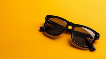 Black sunglasses on a yellow background photo