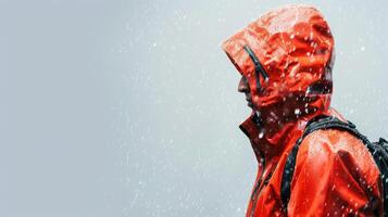 A man in a red raincoat stands in the rain photo