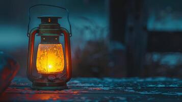 A lone lantern casts a warm glow in the fading light of dusk photo