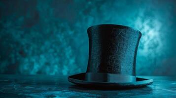 A black top hat sits on a surface, illuminated by a soft blue light photo