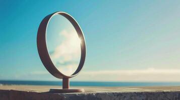 A round mirror reflects the sky and sun on a clear day photo