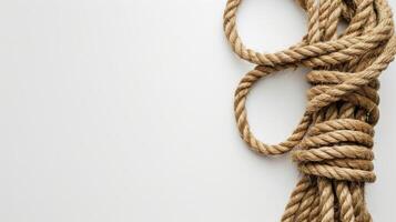 Close-up of a natural jute rope coiled on a white surface photo