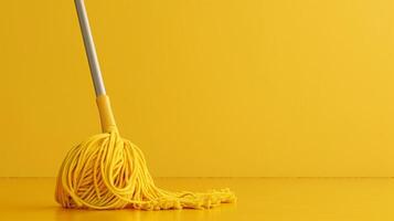 A yellow mop against a yellow wall photo