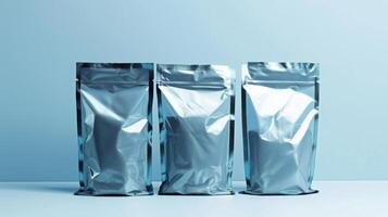 Three silver foil pouches on a blue surface photo