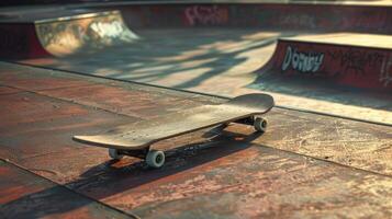 A skateboard sits on the concrete of a skate park, ready for the next trick photo
