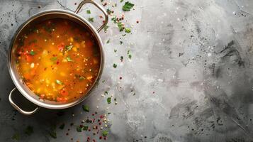 A pot of vegetable soup with spices on a grey background photo