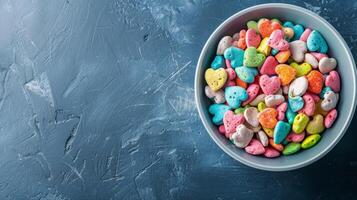 un cuenco de vistoso en forma de corazon cereal en un azul texturizado superficie foto