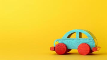 Colorful wooden car toy on a yellow background photo