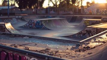 An empty skate park basks in the warm light of the setting sun photo