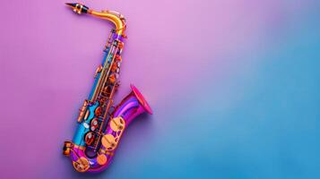A vibrant saxophone toy on a pink and blue background photo