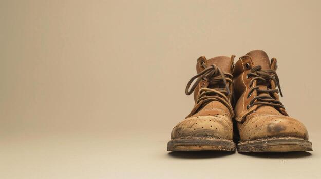 Two brown leather boots with laces are placed in front of a light brown background photo
