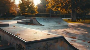 Concrete skatepark ramps and benches in the setting sun photo