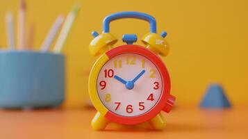 Colorful clock toy on a yellow table photo