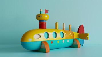 A colorful wooden submarine toy sits on a blue surface photo
