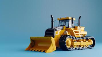 A yellow bulldozer with a large blade sits on a blue background photo