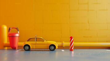 A yellow toy car drives towards a red and white parking gate photo