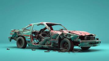 A turquoise and pink car sits wrecked on a teal background photo