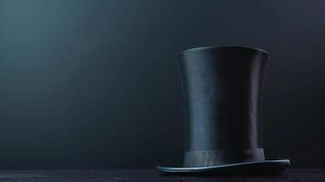 A black top hat sits on a table, illuminated by a soft light photo