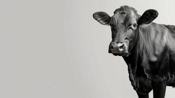 A black cow stares intently at the camera with its head tilted slightly photo