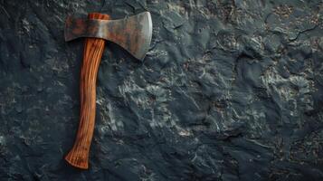 A rusty axe with a wooden handle rests on a dark, slate background photo